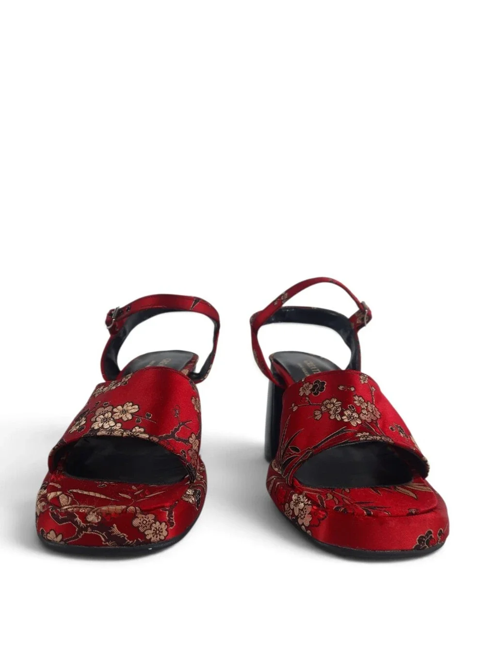 New Y2K GREATER L.A. Platform Heels Sandles Asian Red Satin Floral MCM Vtg 7